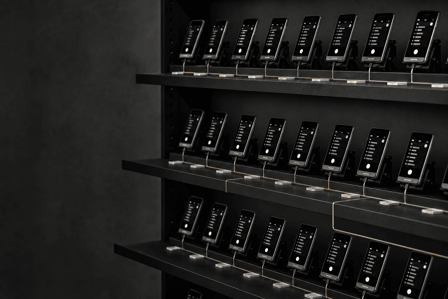 Rows of real phones arranged on dark shelves for organic content distribution